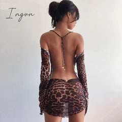 Ingvn - Summer Dresses For Women Leopard Print Backless Dress Long Sleeve Mesh Spring Halter