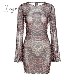 Ingvn - Summer Dresses For Women Leopard Print Backless Dress Long Sleeve Mesh Spring Halter