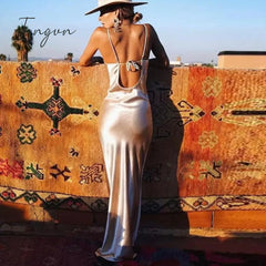 Ingvn - Summer Dresses For Women Sexy Spaghetti Strap Backless Dress Satin Lace Up Trumpet Long