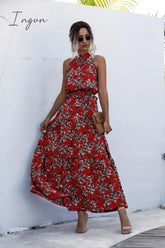 Ingvn - Summer Elegant Beach Women Dress Long Print Flowers Polka - Dot Strap Ladies Halter Boho