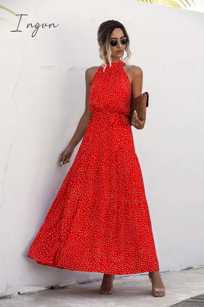 Ingvn - Summer Elegant Beach Women Dress Long Print Flowers Polka - Dot Strap Ladies Halter Boho