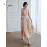 Ingvn - Summer Elegant Pink Dress Fashion Temperament Romantic Gentle And Sweet Pleated Sleveless