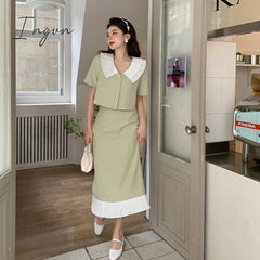 Ingvn - Summer Elegant Women Skirt Sets Retro Office Lady Outifits Puff Sleeve Black Top Skirts Set