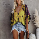Ingvn - Summer Fashion Oversized Deep V-Neck Women’s Shirt Tie Dye Vintage Print Button Batwing
