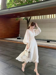 Ingvn - Summer French Elegant Party Dress Women Long Sleeve Casual Fairy Midi Evening Vintage One