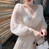 Ingvn - Summer French Elegant Party Dress Women Long Sleeve Casual Fairy Midi Evening Vintage One