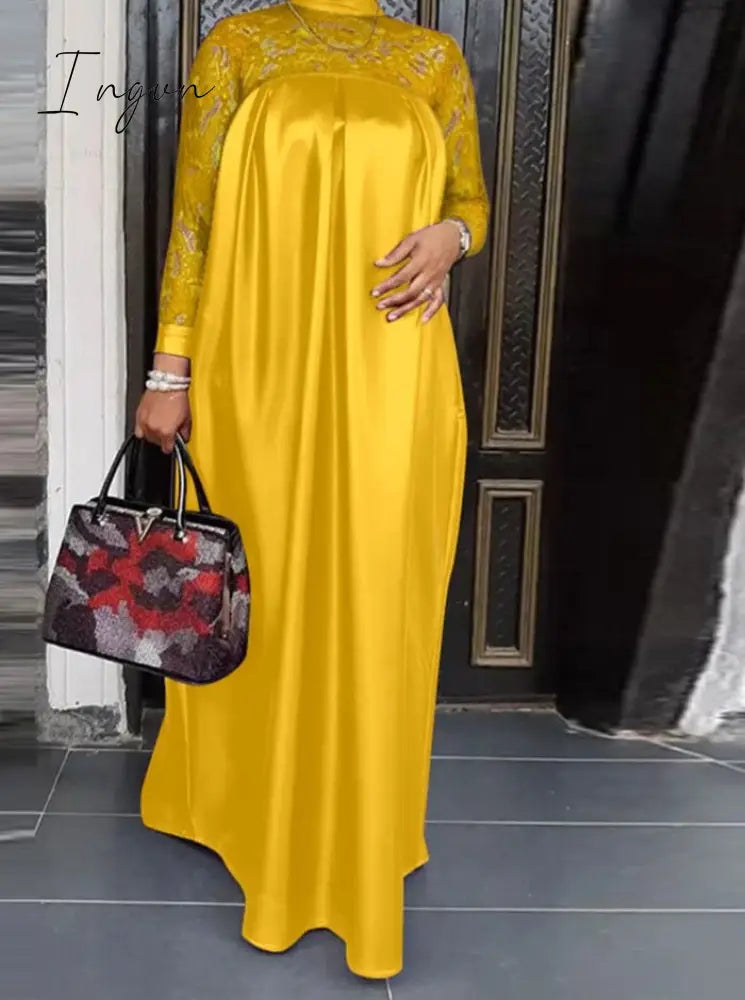 Ingvn - Summer Kaftan Party Dress Bohemian Women Long Sleeve Mock Neck Lace Patchwork Maxi Robe