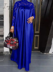 Ingvn - Summer Kaftan Party Dress Bohemian Women Long Sleeve Mock Neck Lace Patchwork Maxi Robe