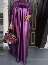 Ingvn - Summer Kaftan Party Dress Bohemian Women Long Sleeve Mock Neck Lace Patchwork Maxi Robe