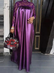 Ingvn - Summer Kaftan Party Dress Bohemian Women Long Sleeve Mock Neck Lace Patchwork Maxi Robe