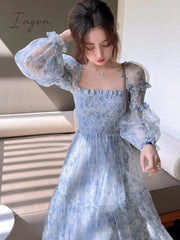 Ingvn - Summer Lace Elegant Midi Dress Women Puff Sleeve Square Collar Boho Beach Floral Female