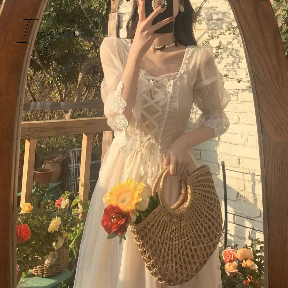 Ingvn - Summer Lace Sweet Elegant Dress Women Evening Party One Piece Korean Kawaii Short Sleeve