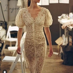 Ingvn - Summer Midi Long Dress For Women Celebrity Flower Embroidery Lace Robe Beaded Chain Diamond