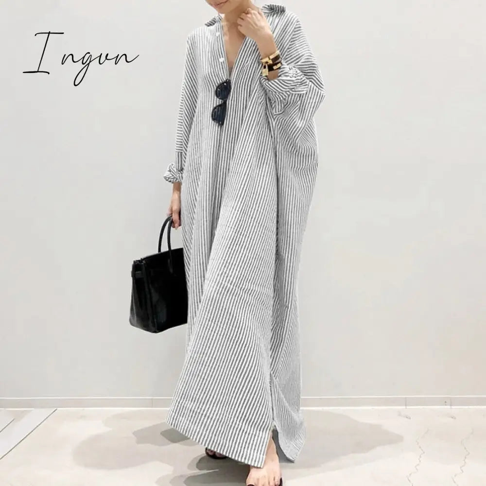 Ingvn - Summer New Dress Fashion Cotton Linen Striped Cardigan Loose Large Casual Temperament