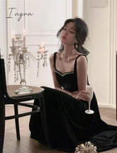 Ingvn - Summer New Elegant Spaghetti Strap Velvet Vintage Black Dress Women Sexy Prom Evening Party