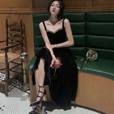 Ingvn - Summer New Elegant Spaghetti Strap Velvet Vintage Black Dress Women Sexy Prom Evening Party