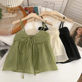 Ingvn - Summer New Korean Style Sweet Crop Tops All-Match Bow Tie Sleeveless Short Mesh Outer Wear