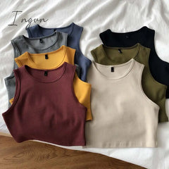 Ingvn - Summer New Ladies Retro Crop Top High Waist Slimming Stretch Slim Short Sleeveless Bottoming