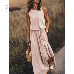 Ingvn - Summer New Oversized Casual Fashion Solid Slit Dress Ladies Sleeveless Loose Robe Dresses