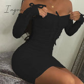 Ingvn - Summer New Sexy Off Shoulder Long Sleeve Pleated Lace Up Tight Mini Short Women’s Dress