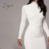 Ingvn - Summer New Women’s Sexy Tight Hip Over Knee White Solid Long Sleeve High Collar Dresses