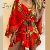 Ingvn - Summer Outfits Casual Leaf Leopard Print Harajuku Batwing Sleeve Dress Lady Elegant Lace -
