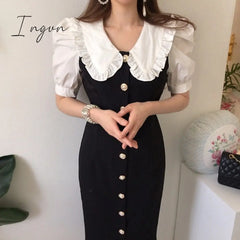 Ingvn - Summer Outfits Dress Women Fashion Peter Pan Collar Puff Sleeve Single Breasted Slim Long
