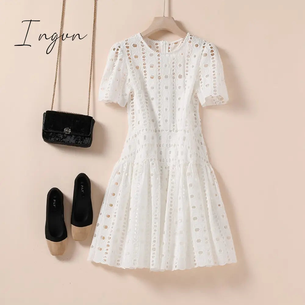 Ingvn - Summer Outfits High Quality Hollow White Lace Two - Piece Dress Zomerjurk Dames High -
