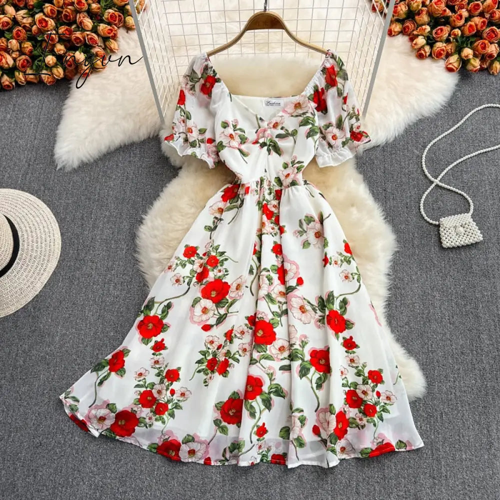 Ingvn - Summer Outfits Ladies French Retro V - Neck Floral Women Dress Elegant Draped Flowers Short