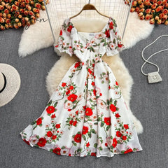 Ingvn - Summer Outfits Ladies French Retro V - Neck Floral Women Dress Elegant Draped Flowers Short