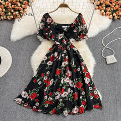 Ingvn - Summer Outfits Ladies French Retro V - Neck Floral Women Dress Elegant Draped Flowers Short
