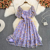 Ingvn - Summer Outfits Ladies French Retro V - Neck Floral Women Dress Elegant Draped Flowers Short
