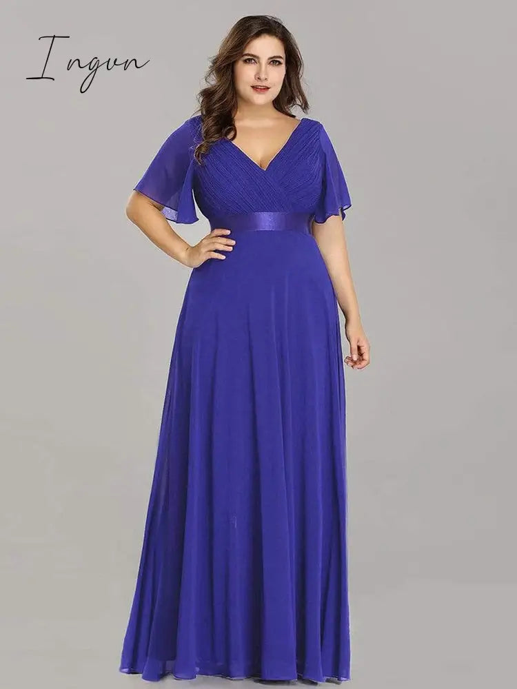 Ingvn - Summer Outfits New Women Plus Size Evening Dresses Long Elegant A Line V Neck Ruffles