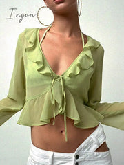 Ingvn - Summer Outfits Vintage 90S Streetwear Ruffles Trim Green Chiffon T - Shirts Y2K Fashion