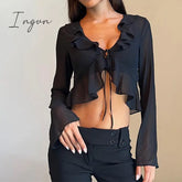 Ingvn - Summer Outfits Vintage 90S Streetwear Ruffles Trim Green Chiffon T - Shirts Y2K Fashion