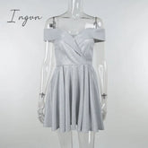 Ingvn - Summer Outfits Women Bling Glitter Off Shoulder A Line Mini Dress Pleated Party Elegant