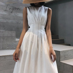 Ingvn - Summer Outfits Women Solid Long Dress White Chic Elegant Casual Party O Neck Sleeveless