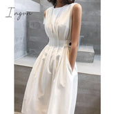 Ingvn - Summer Outfits Women Solid Long Dress White Chic Elegant Casual Party O Neck Sleeveless