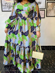 Ingvn - Summer Party Long Maxi Dress Women Sleeve Slit Vintage Printed Pleated Bohemian Beach