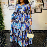 Ingvn - Summer Party Long Maxi Dress Women Sleeve Slit Vintage Printed Pleated Bohemian Beach