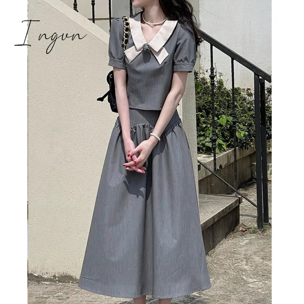 Ingvn - Summer Retro Two Piece Women Skirt Sets Sweet Outifits Puff Sleeve Crop Top + A Line Midi