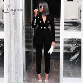 Ingvn - Summer Sets For Women New Navy Blue V Neck Long Sleeve Sexy 2 Piece Set Outfits High