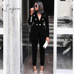 Ingvn - Summer Sets For Women New Navy Blue V Neck Long Sleeve Sexy 2 Piece Set Outfits High