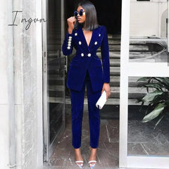 Ingvn - Summer Sets For Women New Navy Blue V Neck Long Sleeve Sexy 2 Piece Set Outfits High