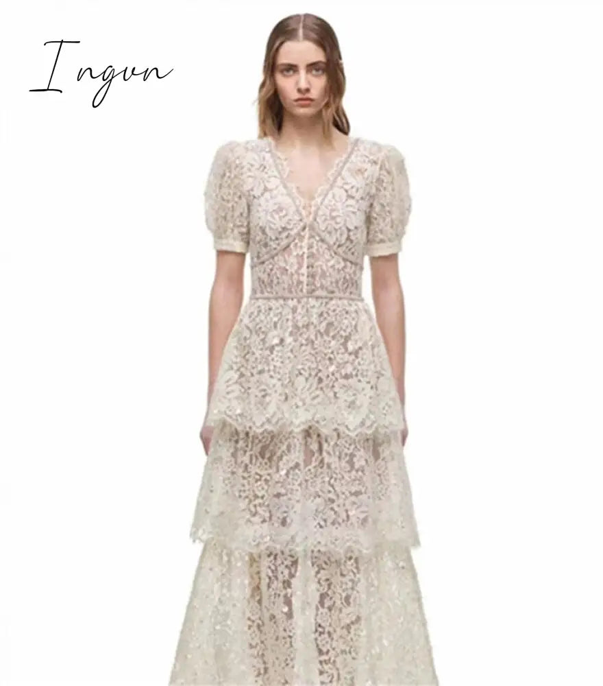 Ingvn - Summer Sexy Party Dress Women Single Breasted Long Sleeve Layer Ruffle Flower Embroidery