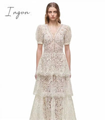 Ingvn - Summer Sexy Party Dress Women Single Breasted Long Sleeve Layer Ruffle Flower Embroidery