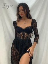 Ingvn - Summer Sexy Party Split Lace Bodycon Woman Maxi Dress Club Square Collar Black Elegant