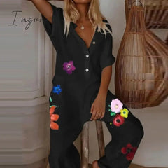 Ingvn - Summer Short Sleeve Eyelash Print Jumpsuit Casual Women Cotton Linen Playsuits V Neck