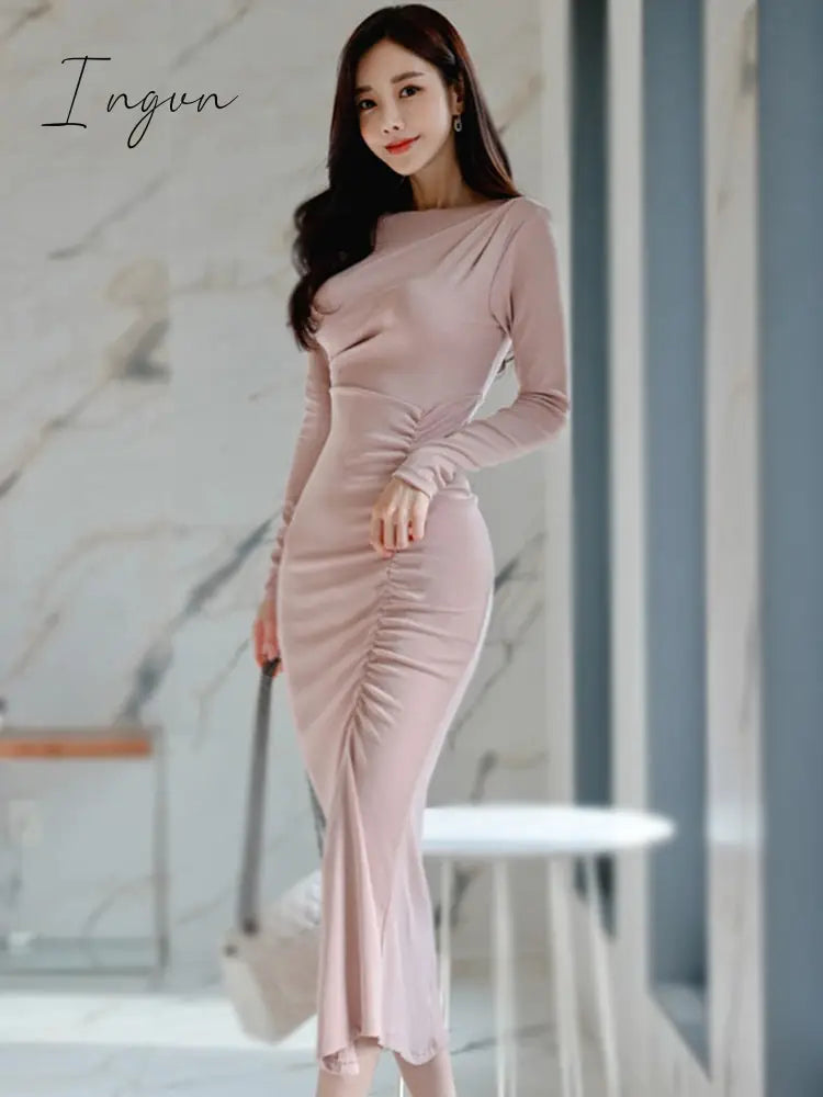 Ingvn - Summer Spring New Elegant Long Sleeve Slim Midi Dress Women Sexy Office Lady Fashion