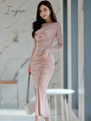 Ingvn - Summer Spring New Elegant Long Sleeve Slim Midi Dress Women Sexy Office Lady Fashion
